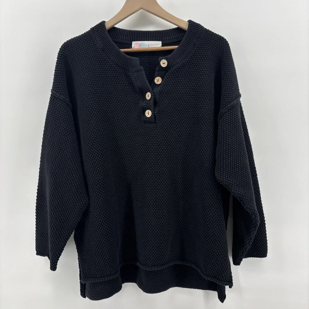 FP Beach Free People Hailee Sweater‎ Women's Medium Black Waffle Knit Oversized